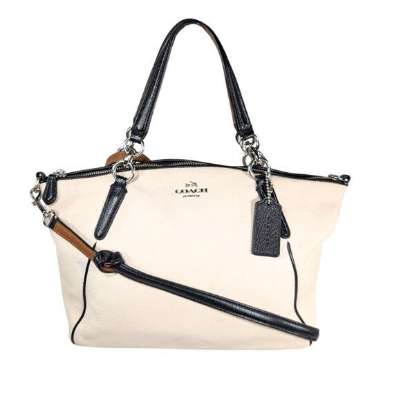 Coach Kelsey Crossbody Satchel White Chalk Pebbled Leather Black Trim F57488 - Picture 1 of 10